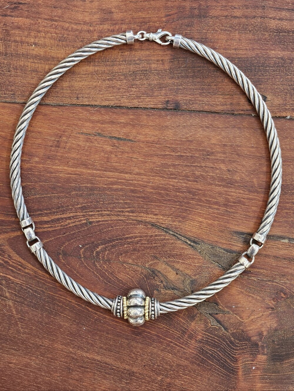 Italian Two Tone Sterling Cable Choker Necklace 14k Gold Accent 16"